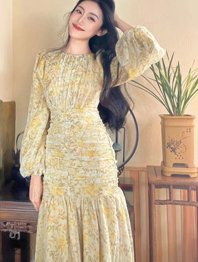 O-Ausschnitt Blumendruck Kleid dünne Taille weibliches A-Linie Kleid Frühling Herbst Chiffon