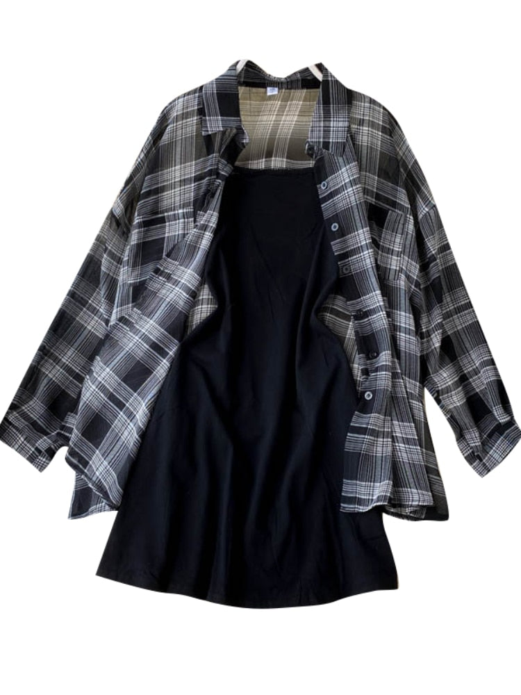 Two Piece Set Long Sleeve Plaid Grey Overcoats Spaghetti Strap Slim Dress