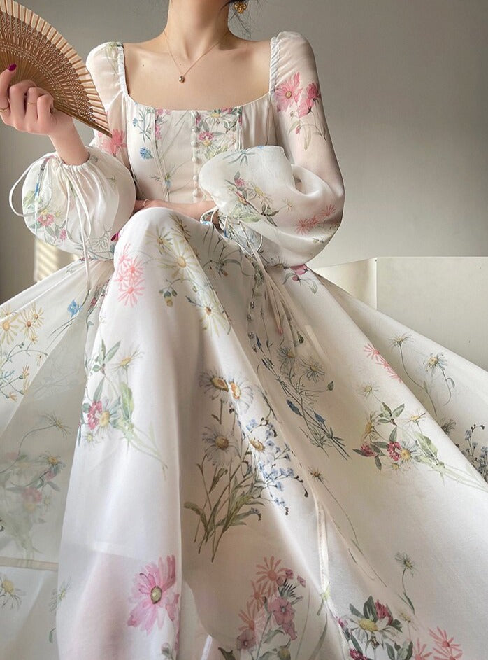 Floral Mid-Length Dress Elegant Slim Waist Female A-line Dress 2023 Spring