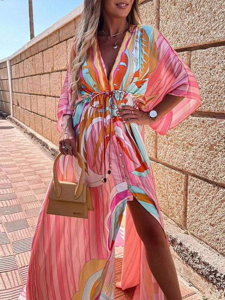 Bikini Cover Ups Print Maxi Dress for Women Summer Bohemian Beach Sexy Floral Tunic Long Dress