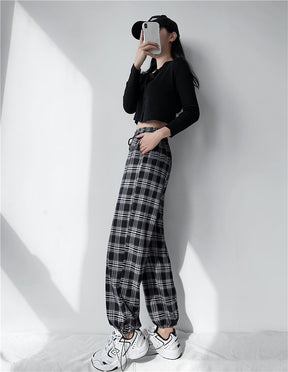 Plaid Pants Women High Waist Drawstring Loose Straight Baggy Pants 2022 Spring and Summer