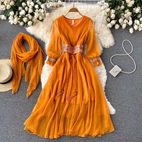 Holiday Style Dress Women Casual V-neck Embroidery Girdle Dress