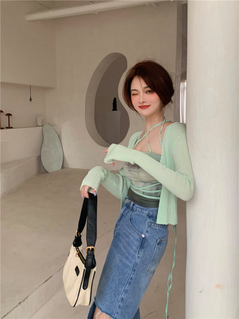 Summer Cardigan Two Piece Sets Women Fashion Slim Green Tie-dye Tops+See Through Thin Knitted