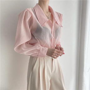 See Through Button Down Shirts Women New Loose Long Sleeve Blouse Female 2022 Summer Suncreen Tops