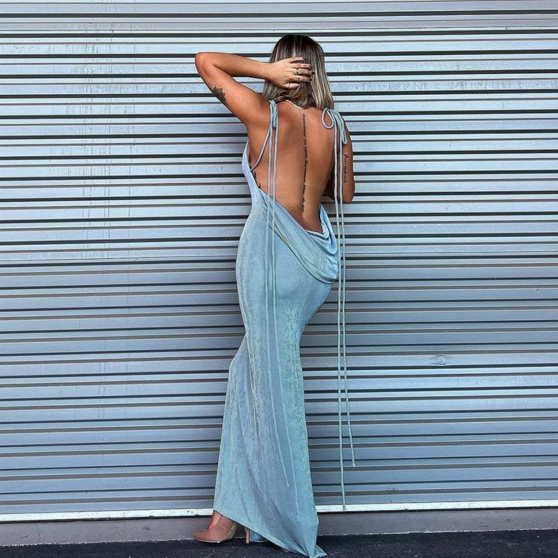 Collar Backless Sleeveless Drawstrings Hollow Out Slit Sexy Maxi Prom Dress