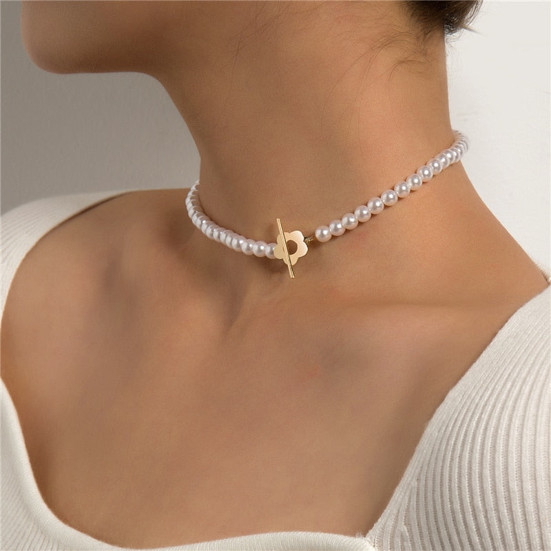Beads Women's Neck Chain Kpop Pearl Choker Necklace Gold Color Jewelry On The Neck Pendant