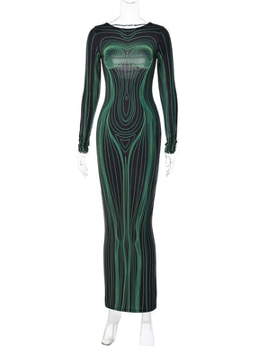 Striped Print Long Sleeve See Through Sexy Bodycon Maxi Dress