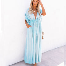 Summer Beach Maxi Dress Women Boho Long Bikini Cover Up High Waist Casual V-Neck Dresses