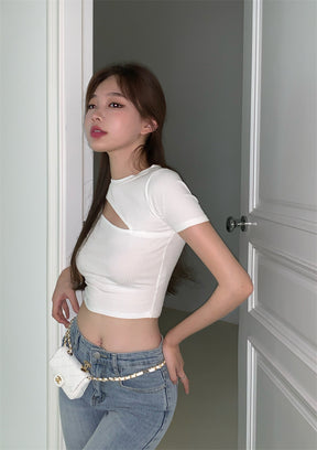 T Shirt Women Summer Hollow Crewneck Cropped Tops Irregular Tight Fitting Short Sleeve