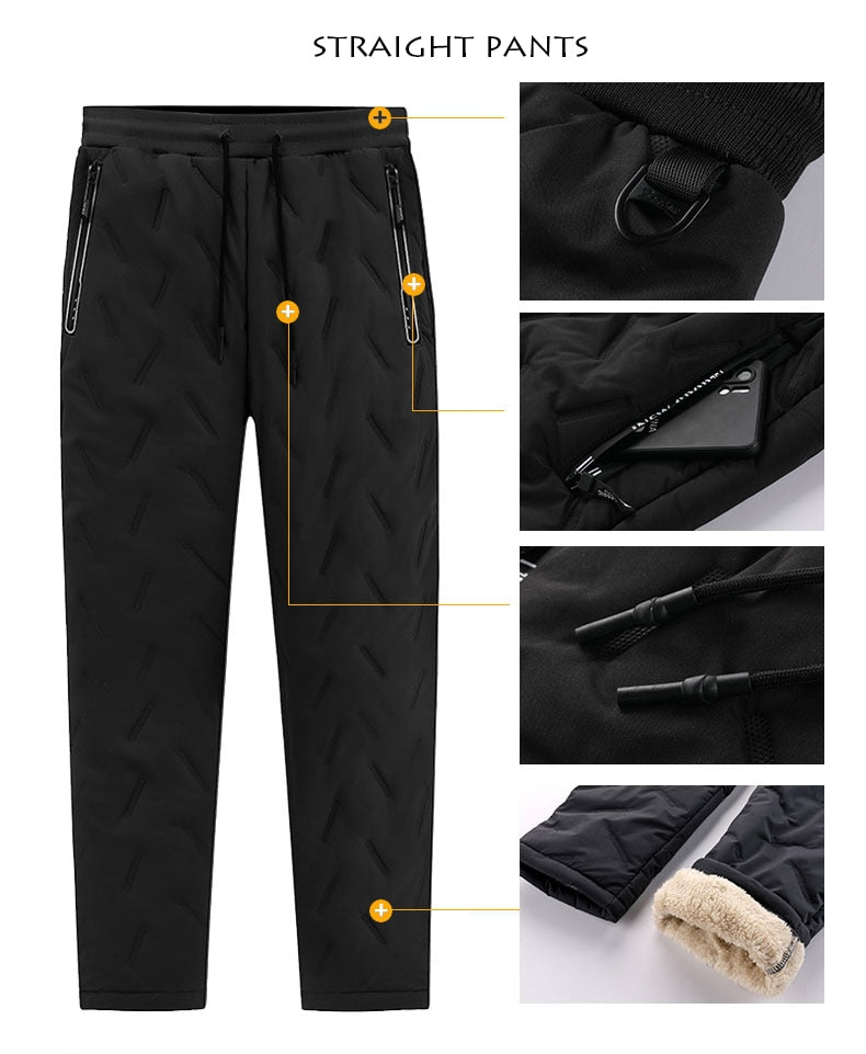 Winter Zip Pockets Thicken Fleece Sweatpants Joggers Water Proof Thermal Trousers