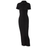 Sexy Backless Short Sleeve Shirt Dress Women Ribbed Buttons Up Bandage Knitted Bodycon Gown 2022