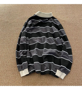 Striped POLO Shirt Men Women Casual Loose Couple BF Lapel Sweatshirts