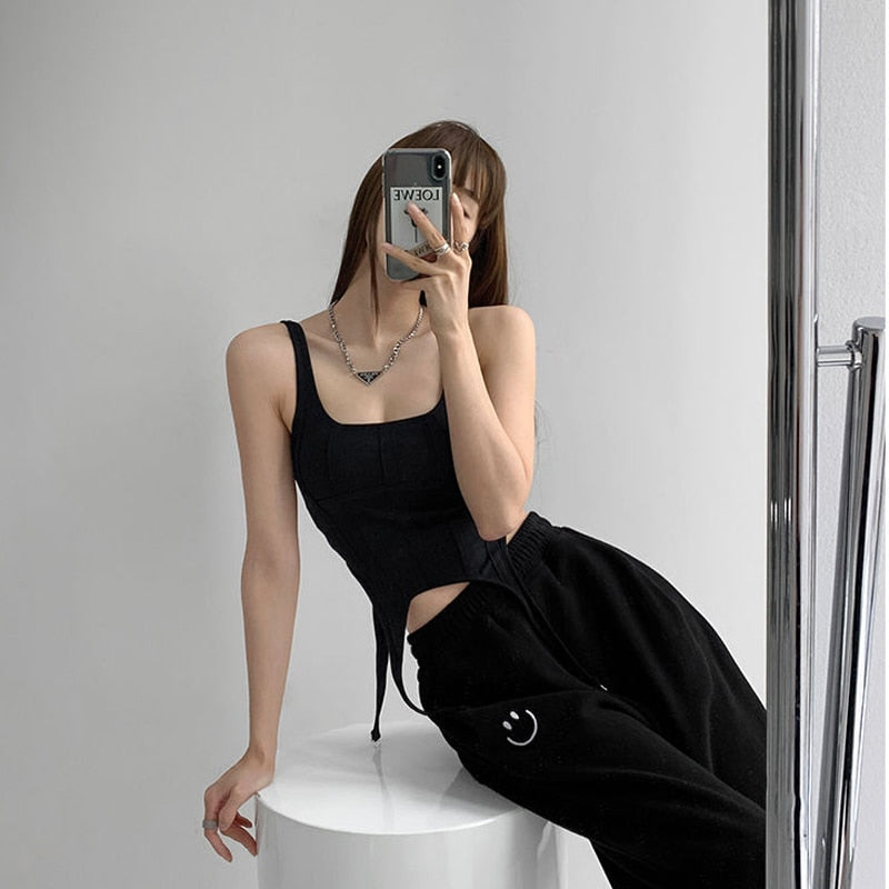 Sexy Irregular Hook White Tank Top Women Summer Square Collar Sleeveless Tops Vest Outwear