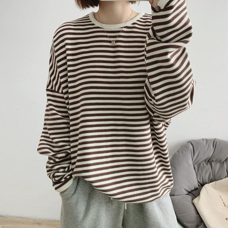 Striped Pullovers Women Knitted Cotton Sweatshirts Female Long-sleeved Loose Tops