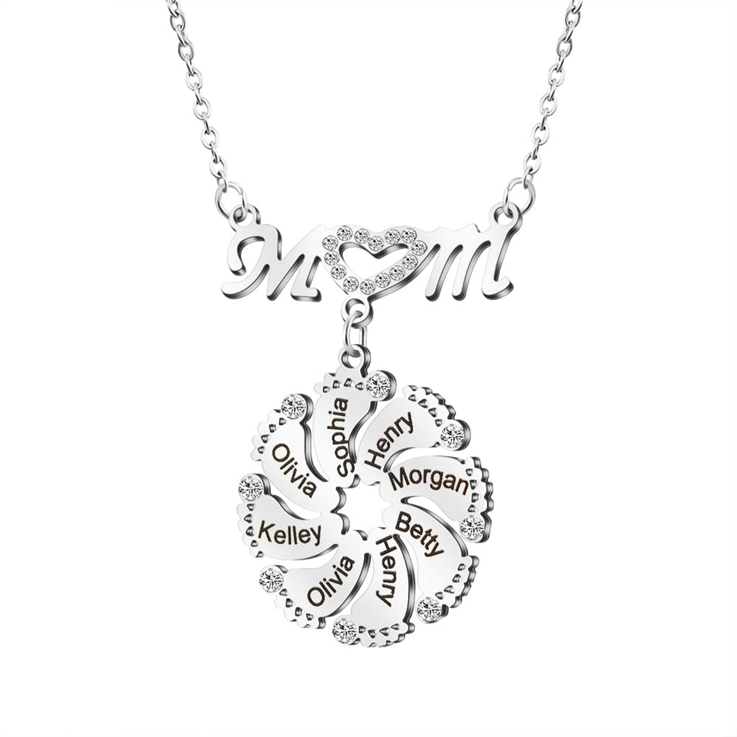 Personalized Diamond Mom Necklace With Crystal Baby Feet Engraved Names Pendant