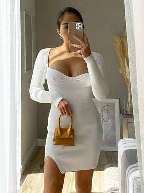 Aproms Elegant Square Neck Ribbed Knitted Dresses Women Long Sleeve High Stretch Bodycon