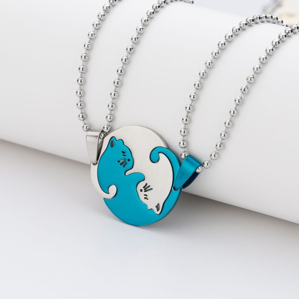 1 Set Paar Charm Katze Anhänger Halskette Damen Herren Edelstahl Mädchen Geschenk Schmuck Blau Colr