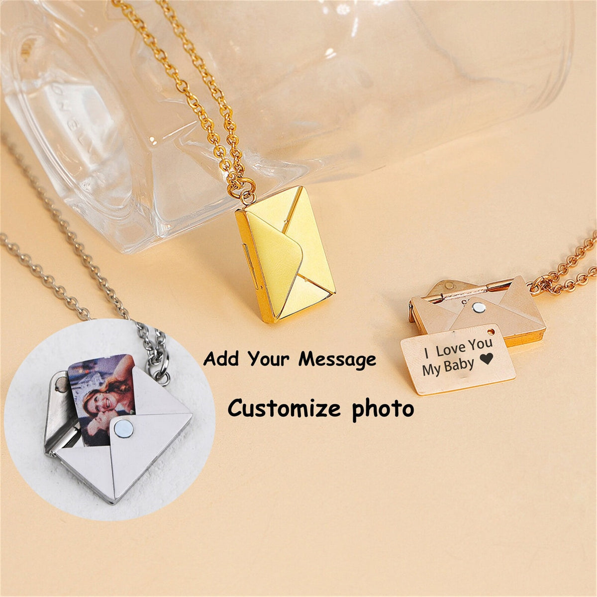 Personalized Custom Envelope Custom Photo Engraved Name Necklace Pendant