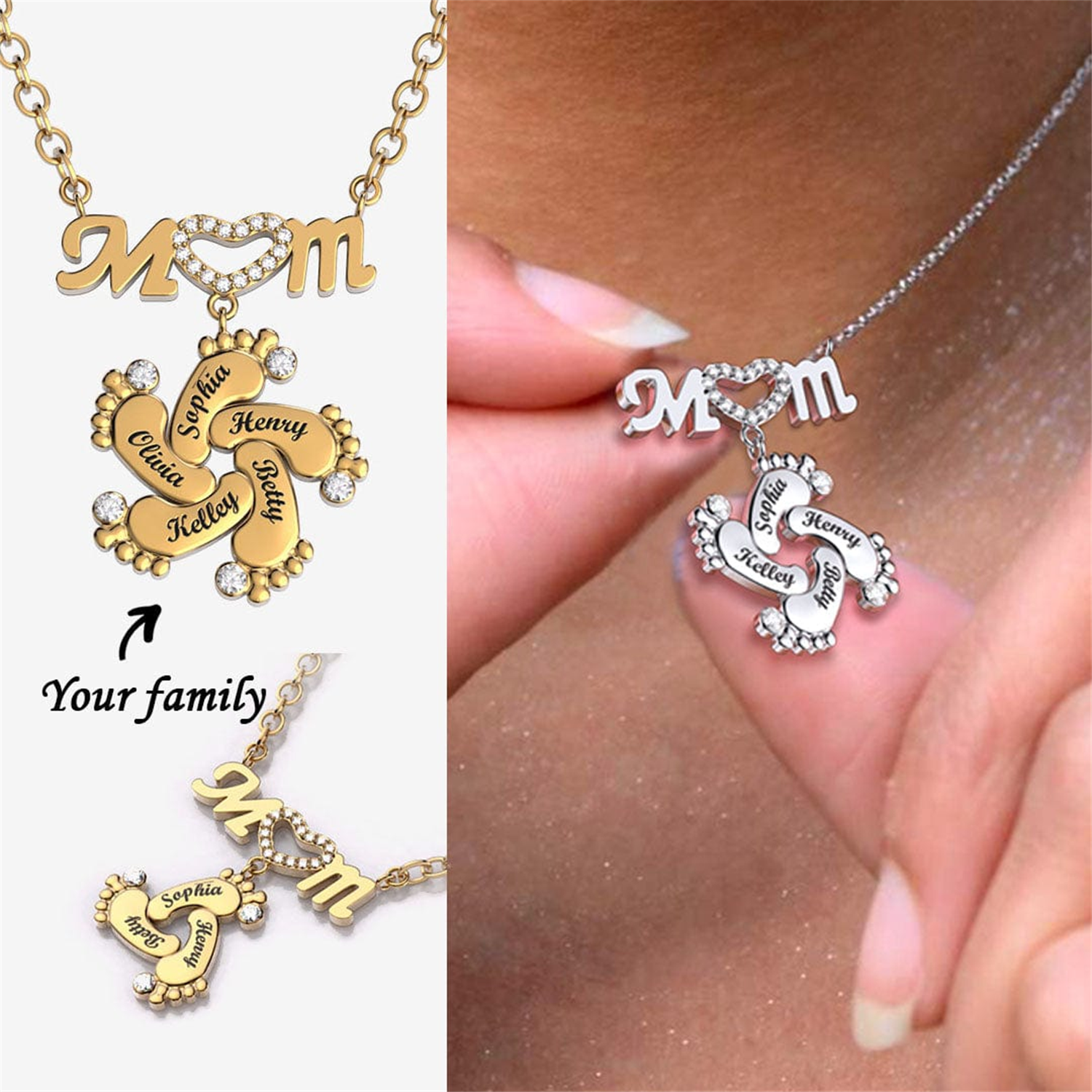 Personalized Diamond Mom Necklace With Crystal Baby Feet Engraved Names Pendant