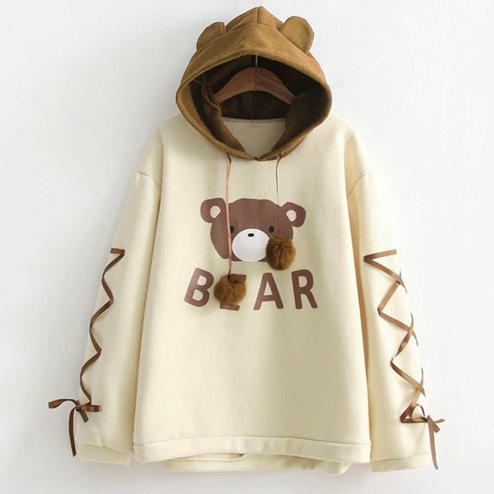 Bear Cap Hoodies Sweatshirt Top Womens Long Sleeve Cute Sweat Hooded Jumper