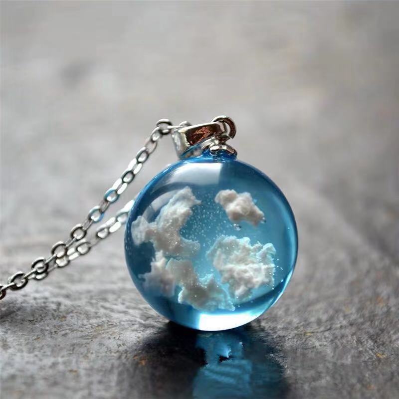 Resin Rould Ball Moon Pendant Necklace Women Blue Sky White Cloud Necklace