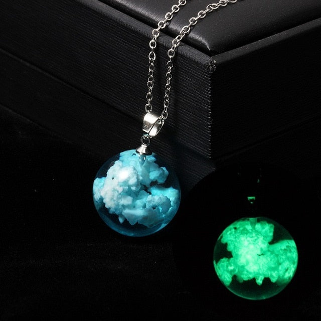 Resin Rould Ball Moon Pendant Necklace Women Blue Sky White Cloud Necklace