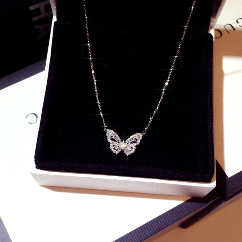 Ins New Arrive Zirconia Butterfly Necklace Charm Bling CZ Rose Gold Butterfly Jewelry