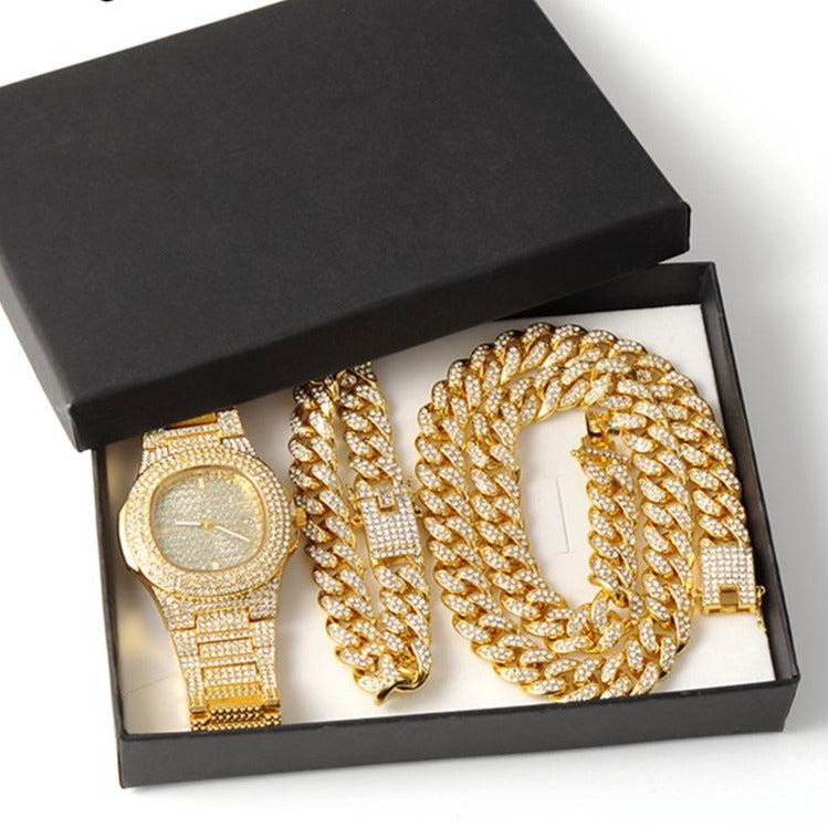 Goldene Halskette + Uhr + Armband Miami Curb Cuban Chain Gold Full Iced Out Gepflasterte Strasssteine ​​CZ Bling