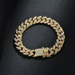 Gold Necklace +Watch+Bracelet Miami Curb Cuban Chain Gold Full Iced Out Paved Rhinestones CZ Bling