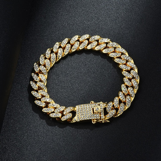 Goldene Halskette + Uhr + Armband Miami Curb Cuban Chain Gold Full Iced Out Gepflasterte Strasssteine ​​CZ Bling