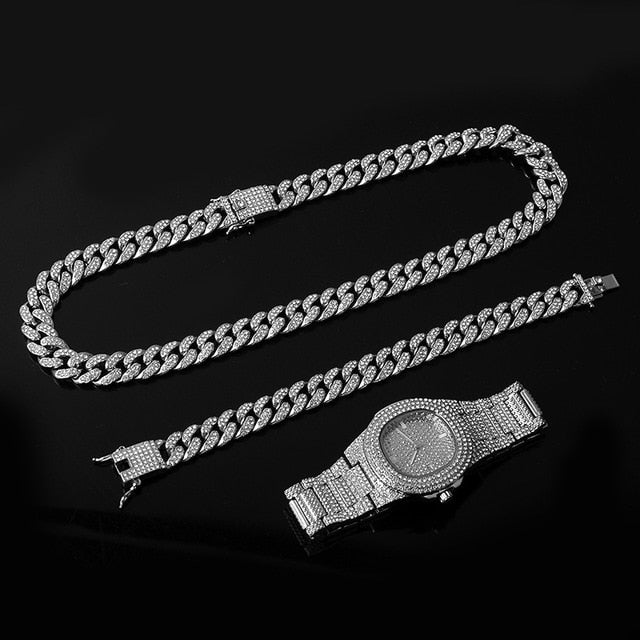 Goldene Halskette + Uhr + Armband Miami Curb Cuban Chain Gold Full Iced Out Gepflasterte Strasssteine ​​CZ Bling