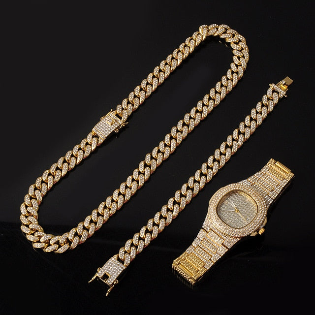 Gold Necklace +Watch+Bracelet Miami Curb Cuban Chain Gold Full Iced Out Paved Rhinestones CZ Bling