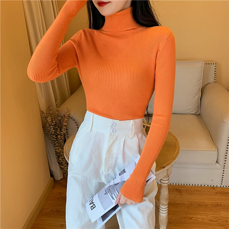 Long sleeve orange turtleneck sweater Knitted foldover Ribbed Pull Sweater