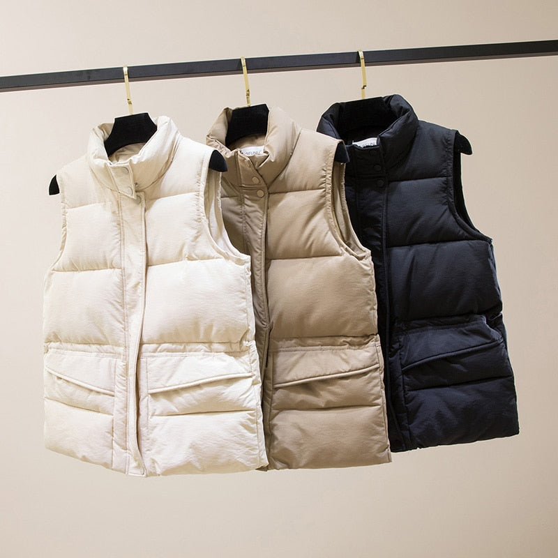 Vest Women Cotton Padded  Women's Winter Sleeveless Jacket with Zipper Stand Collar Casual Coats