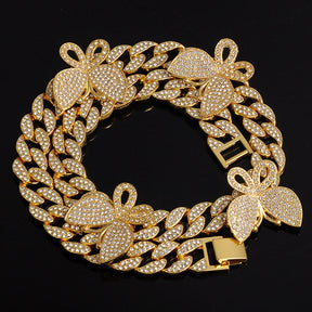 Gold Necklace +Watch+Bracelet Miami Curb Cuban Chain Gold Full Iced Out Paved Rhinestones CZ Bling