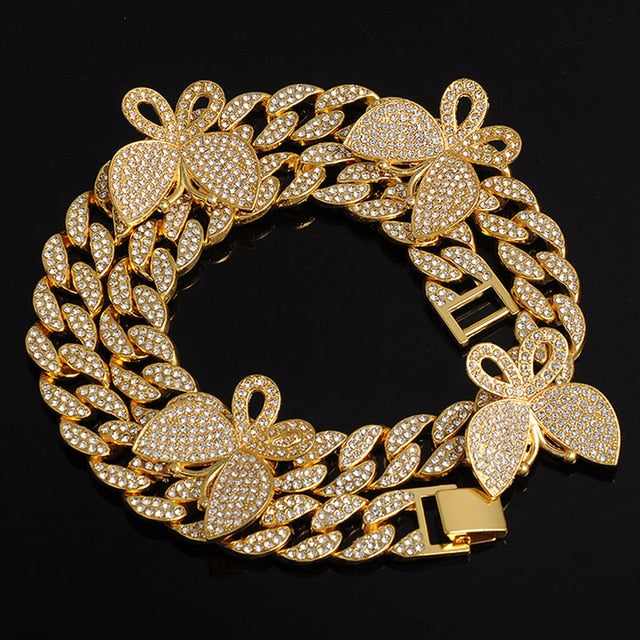 Collana + orologio + bracciale in oro Miami Curb Catena cubana Oro pieno di strass pavimentati ghiacciati CZ Bling