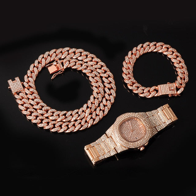 Goldene Halskette + Uhr + Armband Miami Curb Cuban Chain Gold Full Iced Out Gepflasterte Strasssteine ​​CZ Bling