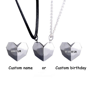 2PCS/set Personalized Custom Name Date Wishing Stone Heart Magnetic Couple Necklace Birthday Gift