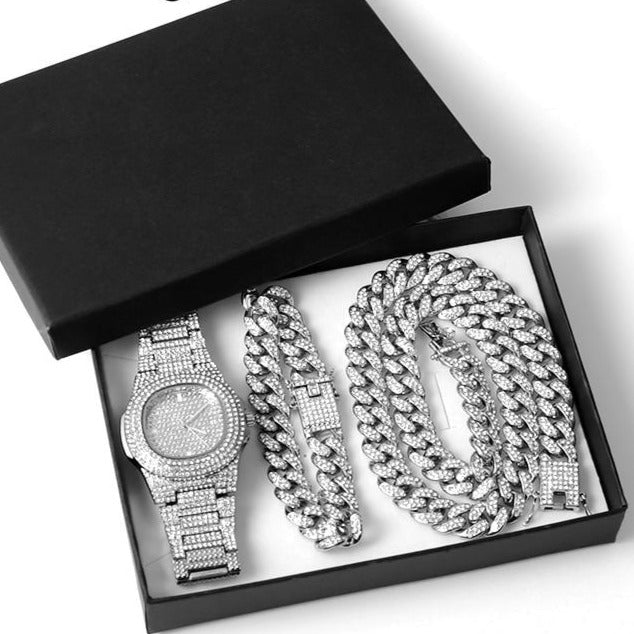 Collana + orologio + bracciale in oro Miami Curb Catena cubana Oro pieno di strass pavimentati ghiacciati CZ Bling