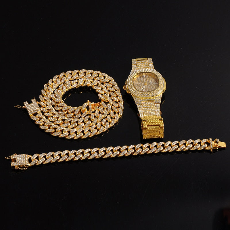 Goldene Halskette + Uhr + Armband Miami Curb Cuban Chain Gold Full Iced Out Gepflasterte Strasssteine ​​CZ Bling