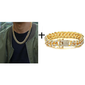 Goldene Halskette + Uhr + Armband Miami Curb Cuban Chain Gold Full Iced Out Gepflasterte Strasssteine ​​CZ Bling