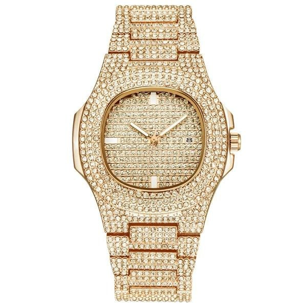 Gold Necklace +Watch+Bracelet Miami Curb Cuban Chain Gold Full Iced Out Paved Rhinestones CZ Bling