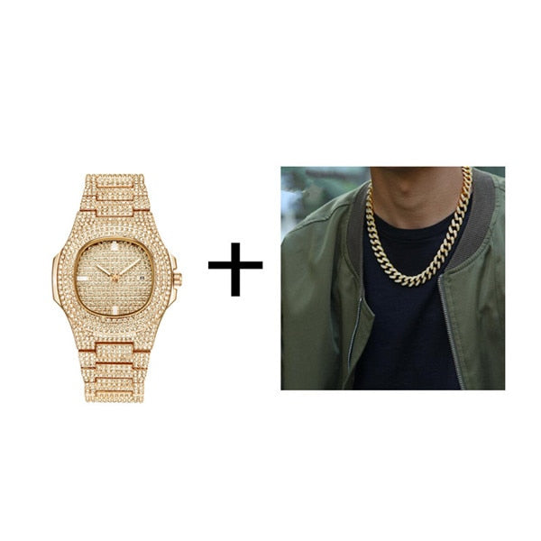 Gold Necklace +Watch+Bracelet Miami Curb Cuban Chain Gold Full Iced Out Paved Rhinestones CZ Bling