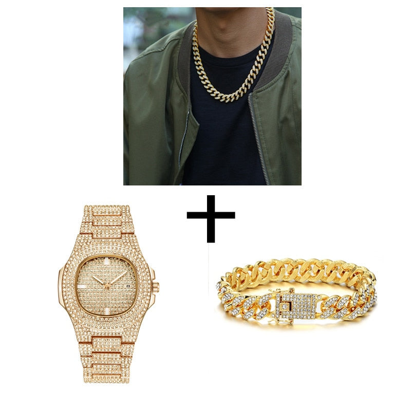 Goldene Halskette + Uhr + Armband Miami Curb Cuban Chain Gold Full Iced Out Gepflasterte Strasssteine ​​CZ Bling