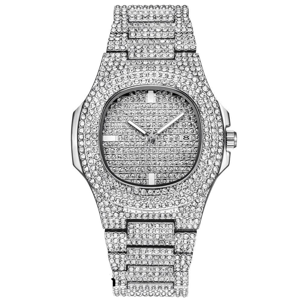 Gold Necklace +Watch+Bracelet Miami Curb Cuban Chain Gold Full Iced Out Paved Rhinestones CZ Bling