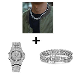 Gold Necklace +Watch+Bracelet Miami Curb Cuban Chain Gold Full Iced Out Paved Rhinestones CZ Bling