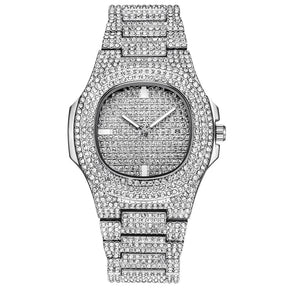 Collana + orologio + bracciale in oro Miami Curb Catena cubana Oro pieno di strass pavimentati ghiacciati CZ Bling