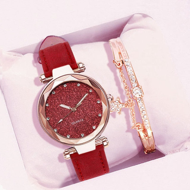 Women Romantic Wrist Watch bracelet Leather Rhinestone Ladies Clock