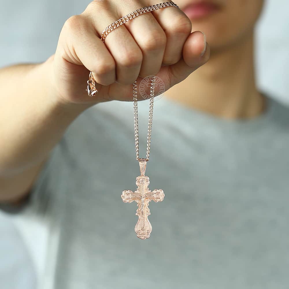 Kruzifix Kreuz Anhänger Halskette für Frauen Männer 585 Rose Gold Schnecke Gliederkette Kreuz Halskette Mode