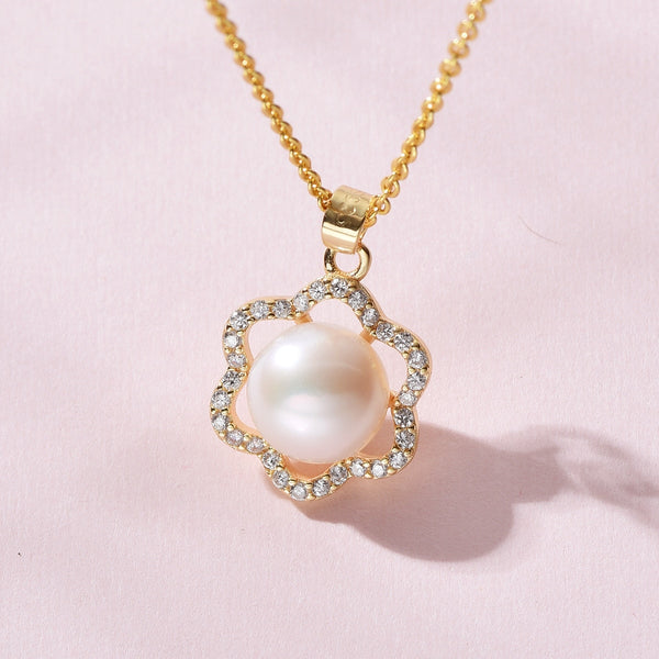 Pearl White Natural Freshwater 8-9mm Silver Gold Plated Flower Zirconia Pendants Necklaces
